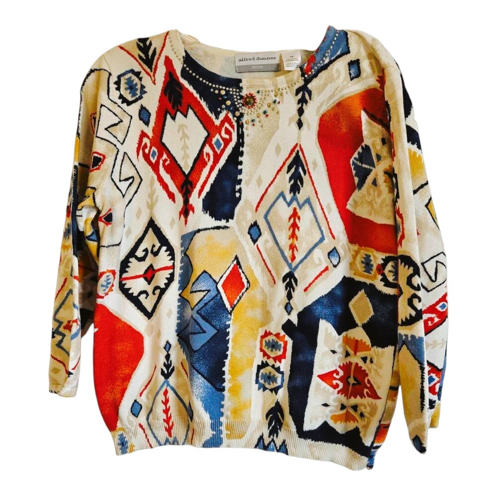 Alfred Dunner Petite Colorblock Knit Sweater Geometric Pattern Rhinestone Neckli